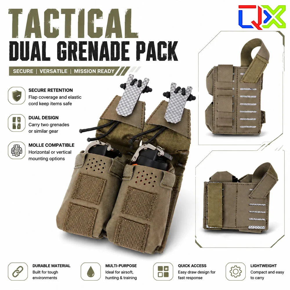 QX Tactical Dual Grenade Pouch MOLLE Carrier Horizontal Vertical Mount Airsoft Hunting Outdoor Gear Accessory