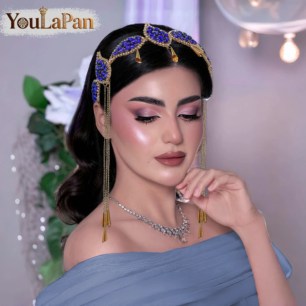 YouLaPan Luxury Green Color Rhinestone Leaf Bride Headband Golden Color Metal Tassel Hair Hoop Wedding Hair Accessories A365 image 4