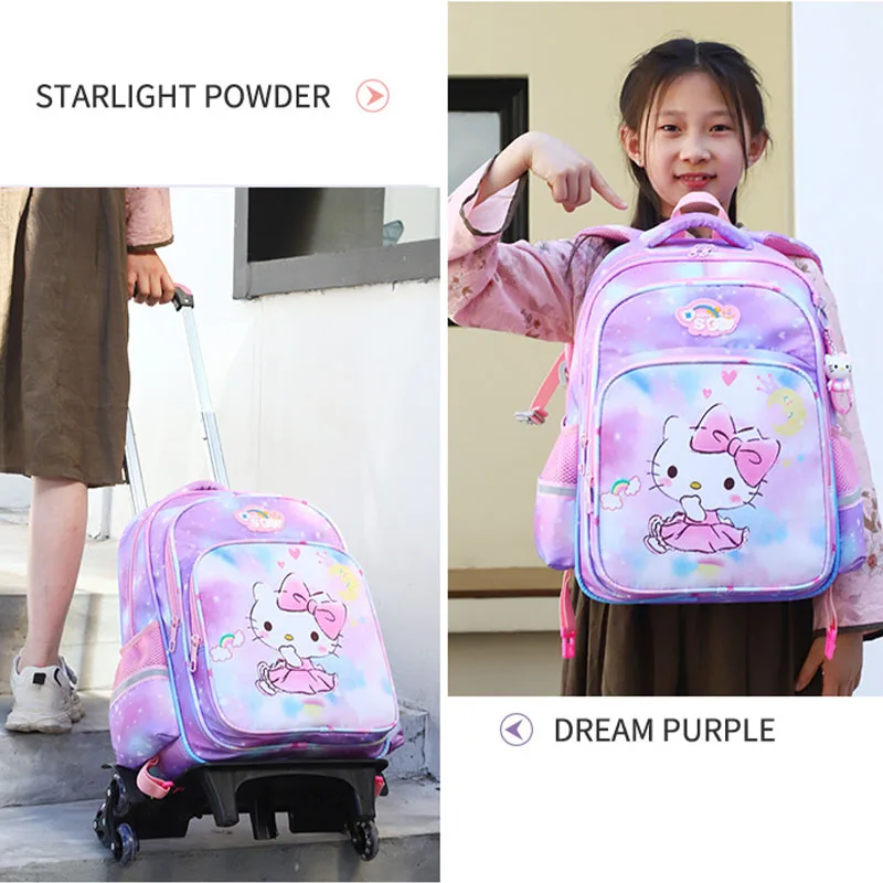 Hello Kittys Trolley School Bag Anime Sanrios Student Kuromi Backpack with Wheels Save Effort High Capacity Kids School Supplies