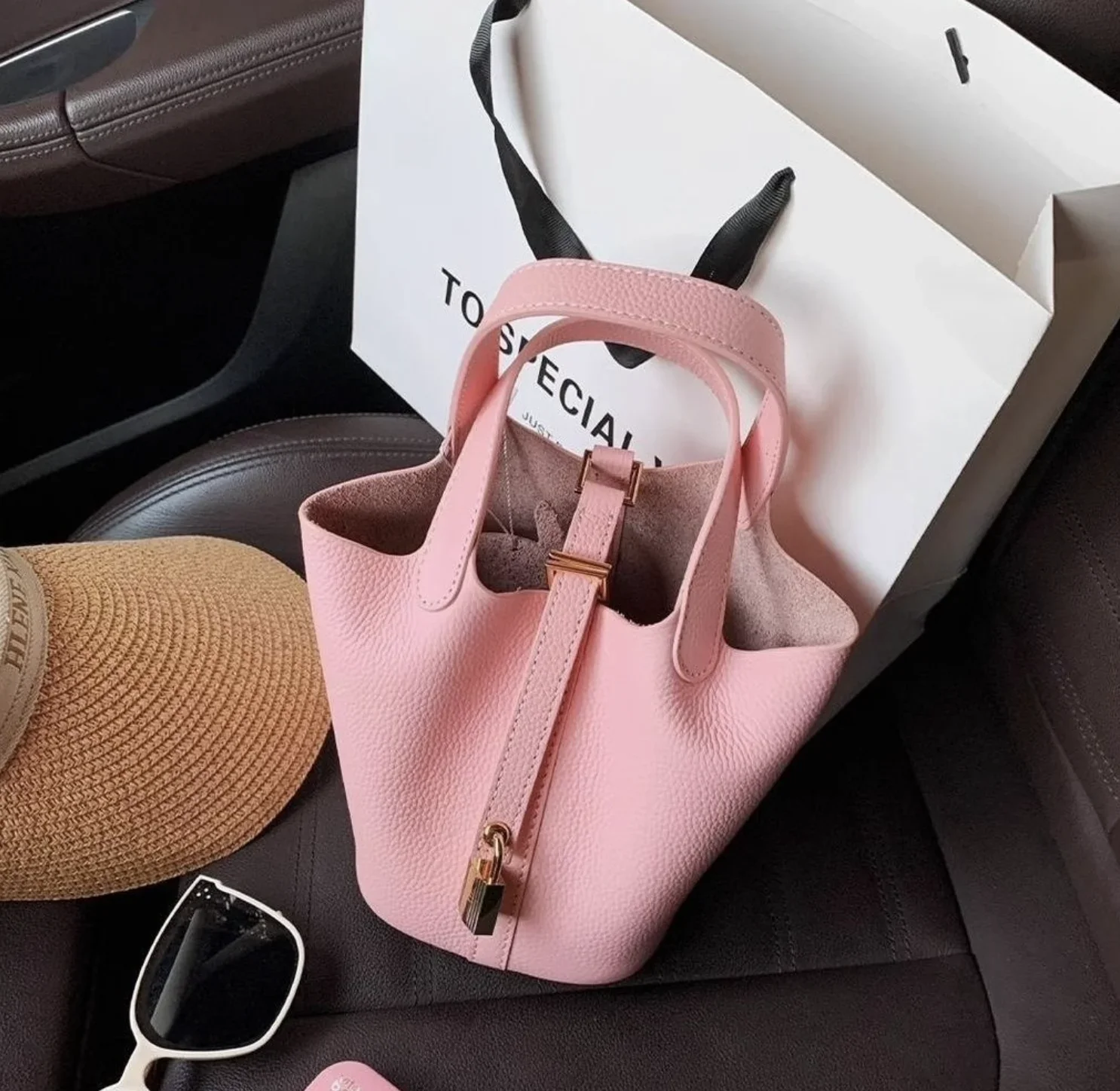

New lychee patterned bucket bag, women's handbag, Picotin bag layer cowhide togo genuine leather vegetable basket women's bag