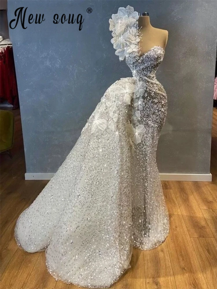 Robe de mariée perlée avec fleurs 3D, robes de mariée avec poignées gonflées, train amovible, patients en diamant, tout ce qui est initié, Rotterdam Kly