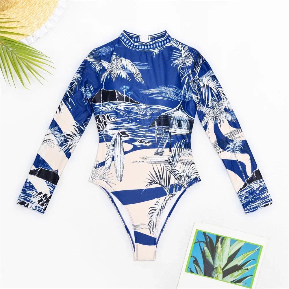 Zipper Up Backless Print Bikini Long Sleeve Swimsuit One-piece Vacation Swimwear Women Brazilian Beach Wear Surfing Bathing Suit