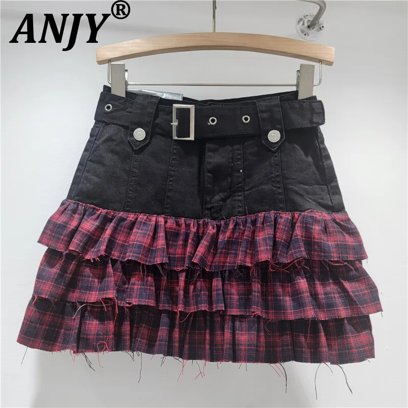 

ANJY 2025 Early Autumn New Women American Style Denim Skirt Spliced Frayed Edge Plaid Fashion Pleated A-line Short Skirts A11602