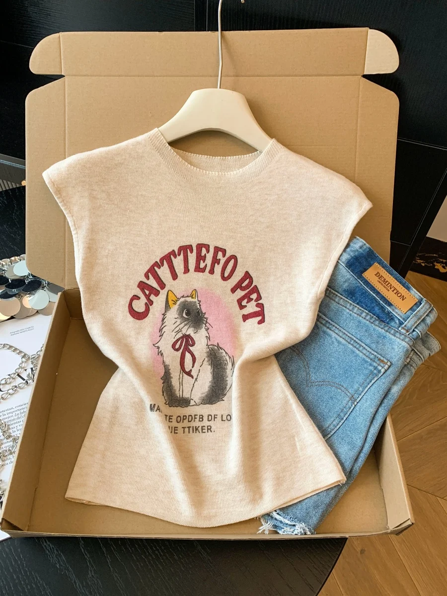 

Sweet Spicy Letter Print Fly Sleeve Knitted Top Women Summer Light Ice Silk Thin Vest T-Shirt Soft Fit round Neck Knitwear