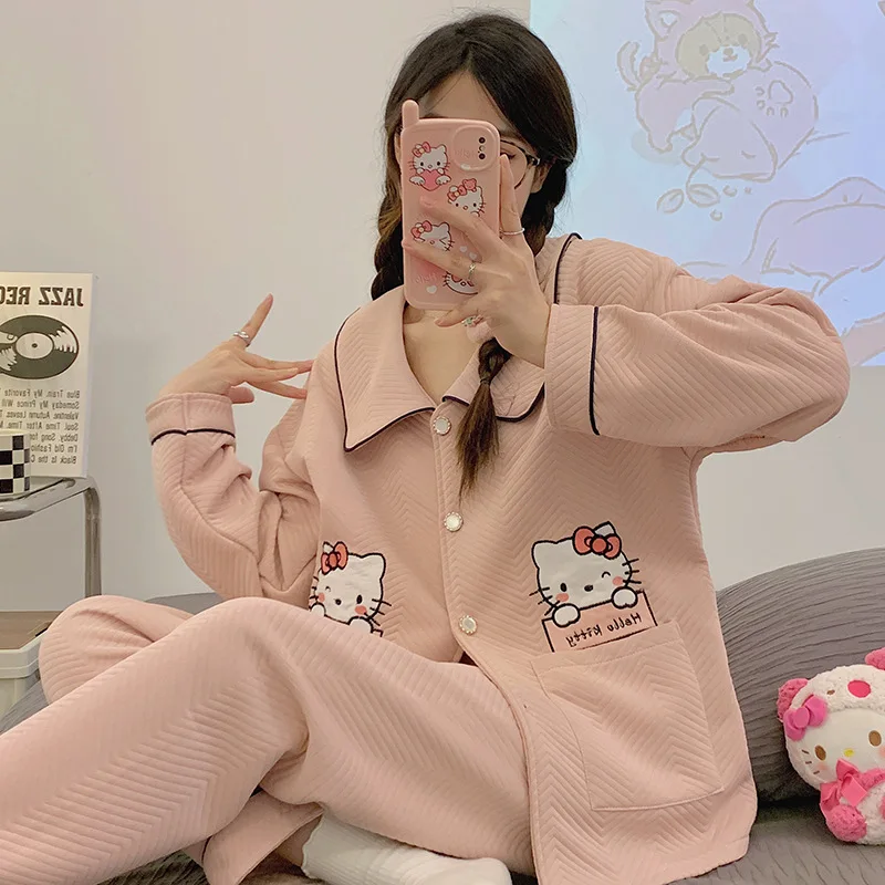 Sanrio Hello Kitty thickened pajamas women's air cotton interlayer autumn and winter cute warm loungewear can be worn outside