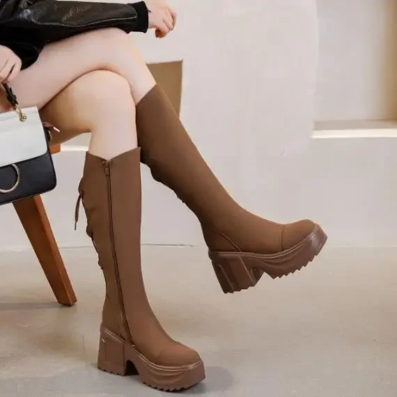 10CM Microfiber Women Boots Leather Autumn Platform Wedge Knee High Fashion British Ankle Spring ZIP Synthetic Boots Shoes