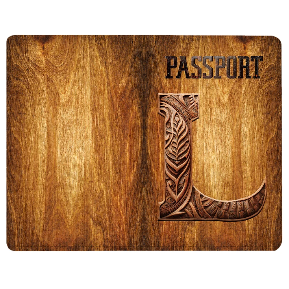 Travel Passport Holder Cover Wallet Leather ID Card Holders Business Credit Card Holder Case Pouch Wood Art Letter Pattern