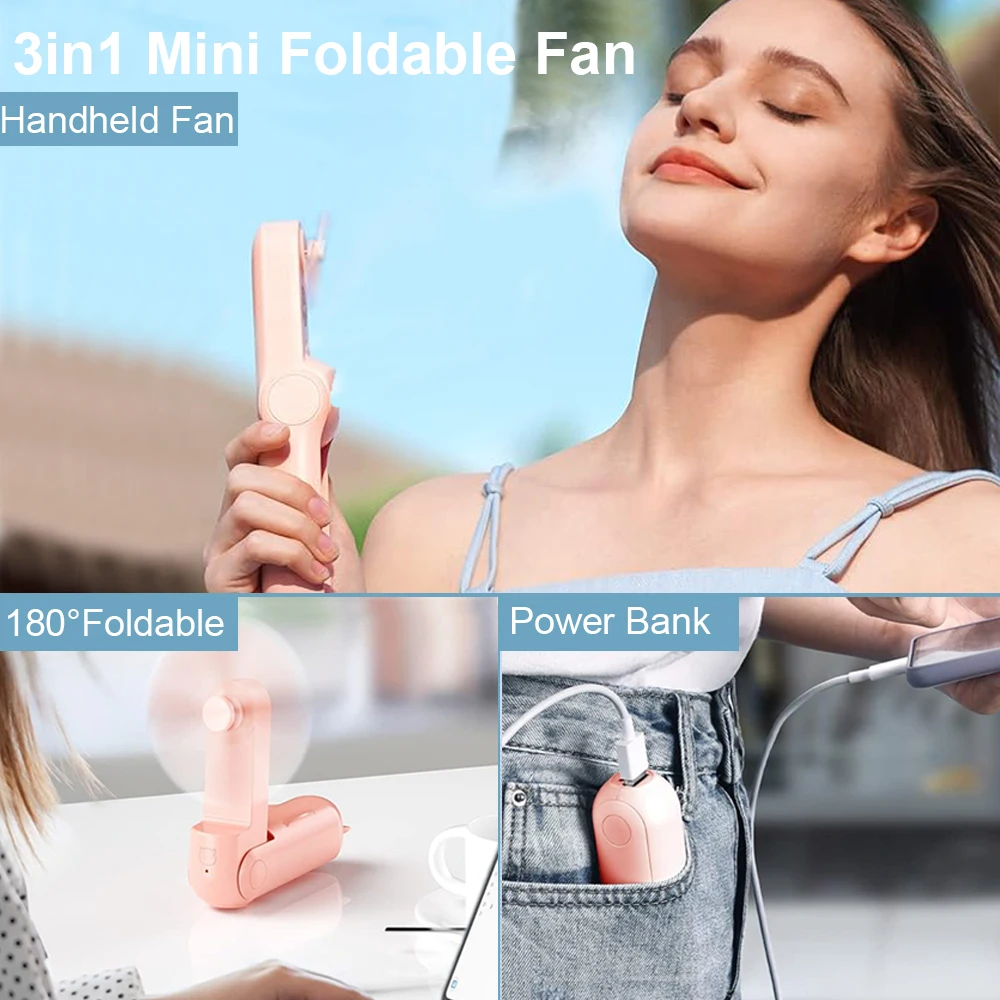 Miniventilador portátil de mano 3 en 1, ventilador plegable recargable por USB, 2000mAh, 3 velocidades, ajustable, pequeño, para viajes al aire libre