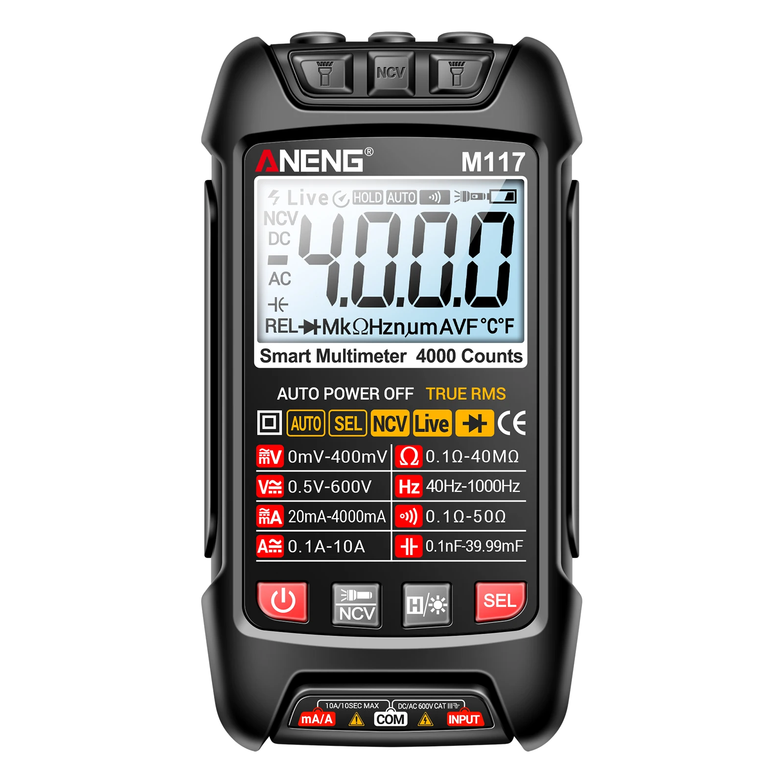 

ANENG M117 Мультиметр Smart Digital 4000 отсчетов Измеритель напряжения переменного/постоянного тока Черный Красный Дополнительный АБС-силикон 2 x 1,5 В AAA