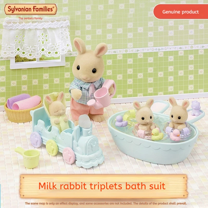 2024 New Sylvanian Families Milk Rabbit Triplets Bath Set Microcosm World Girls Play Home Simulation Kids Toys Christmas Gifts