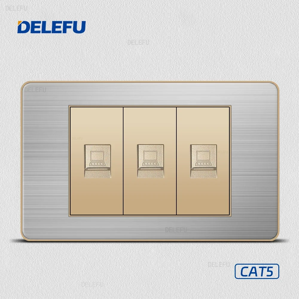 DELEFU Gold function key Stainless steel Gold panel American Standard series 118*74mm wall computer combination socket switch