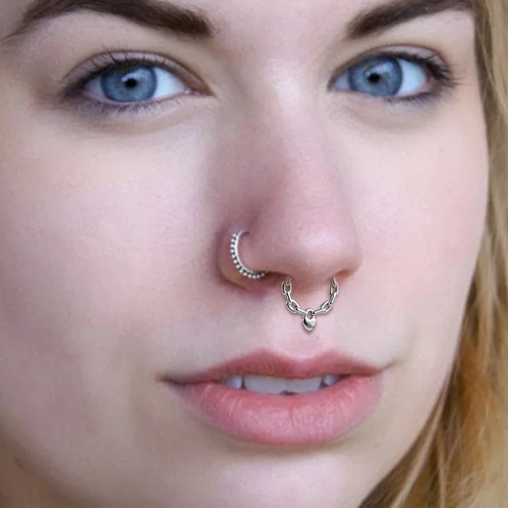 Vankula 316L Stainless Steel Heart Hinged Nose Clicker Chain Tragus 16G Hoop Rings Septum Body Piercing Women Jewelry