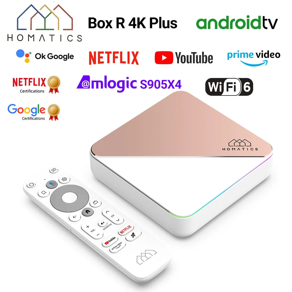 HOMATICS Box R 4K Plus TV Box AndroidTV 12 Netflix Google Certified Amlogic S905X4 4G32G Support DTS Dolby Audio AV1 Wifi6 BT5.0