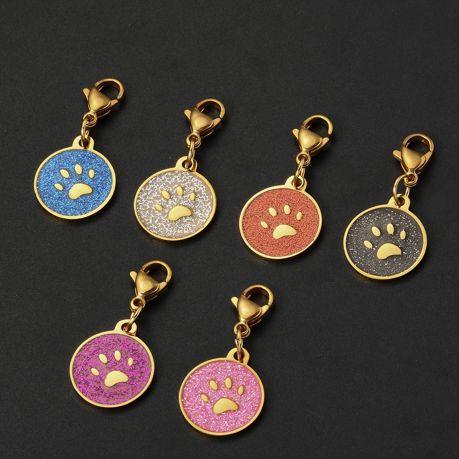 

10pcs Colorful Bling Enamel Pet Paw Golden Stainless Steel Round Pendant with Lobster Clasp Fashion Jewelrys Keychain