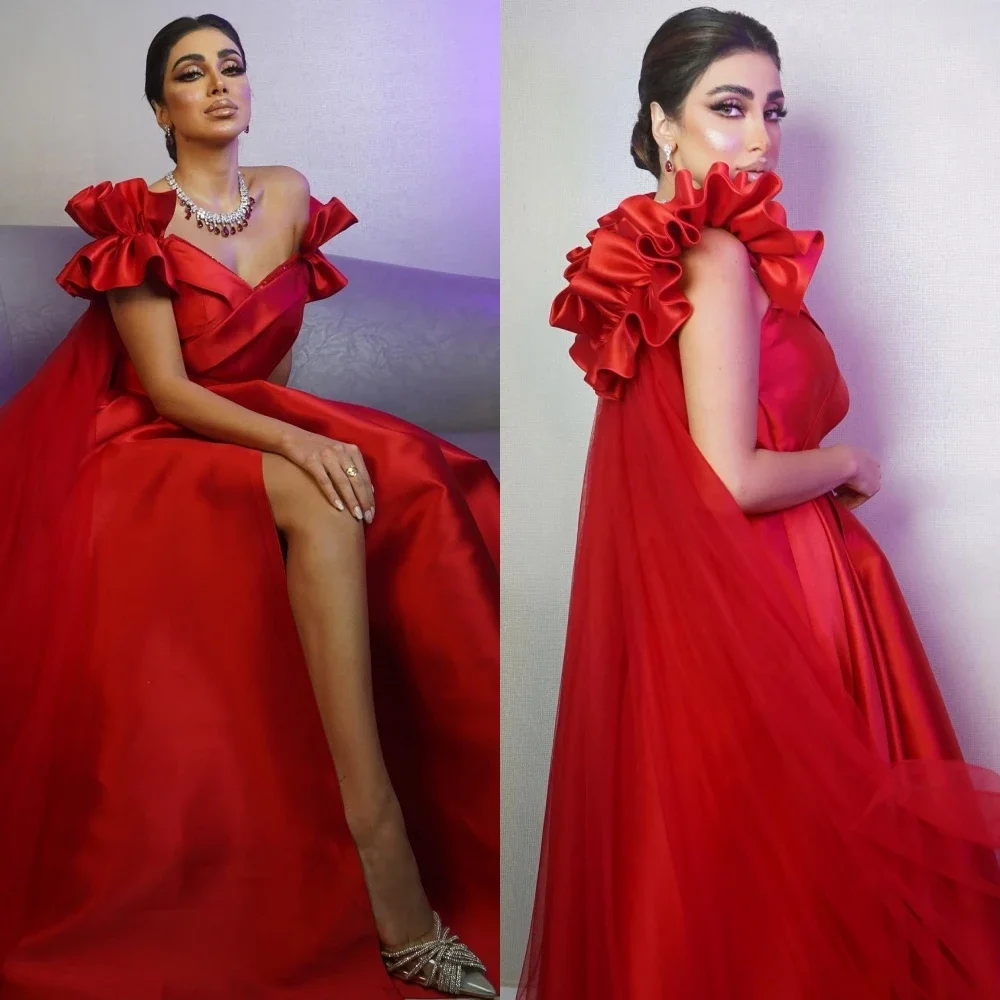 

Romantic Red Satin Prom Dress Evening Satin Pleat Quinceanera A-line V-neck Bespoke Occasion Gown Midi Dresses Saudi Arabia