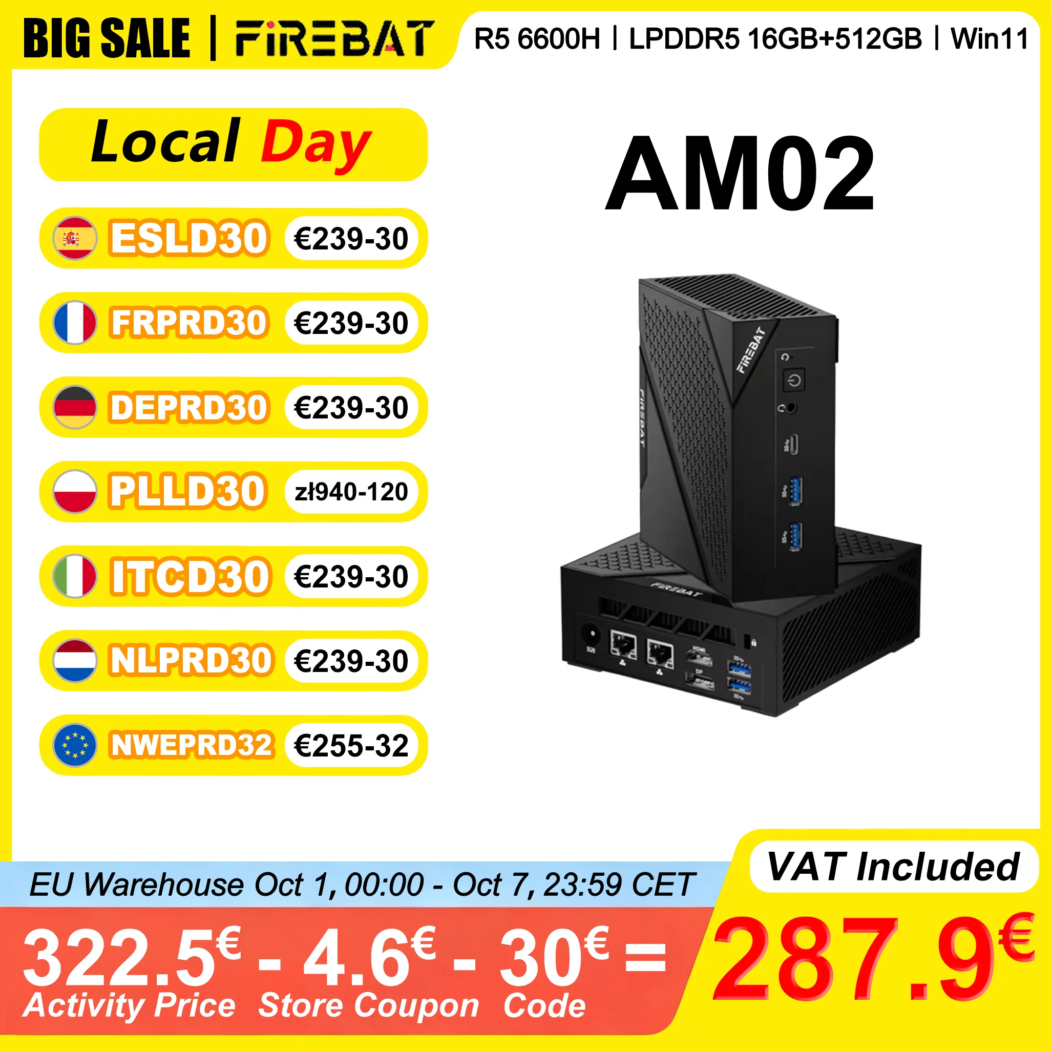 FIREBAT AM02 MINI PC AMD Ryzen 5 6600H LPDDR5 16GB RAM 512GB SSD Windows 11 WIFI6 Bluetooth5.2 HDMI 6 rdzeni 12 wątków