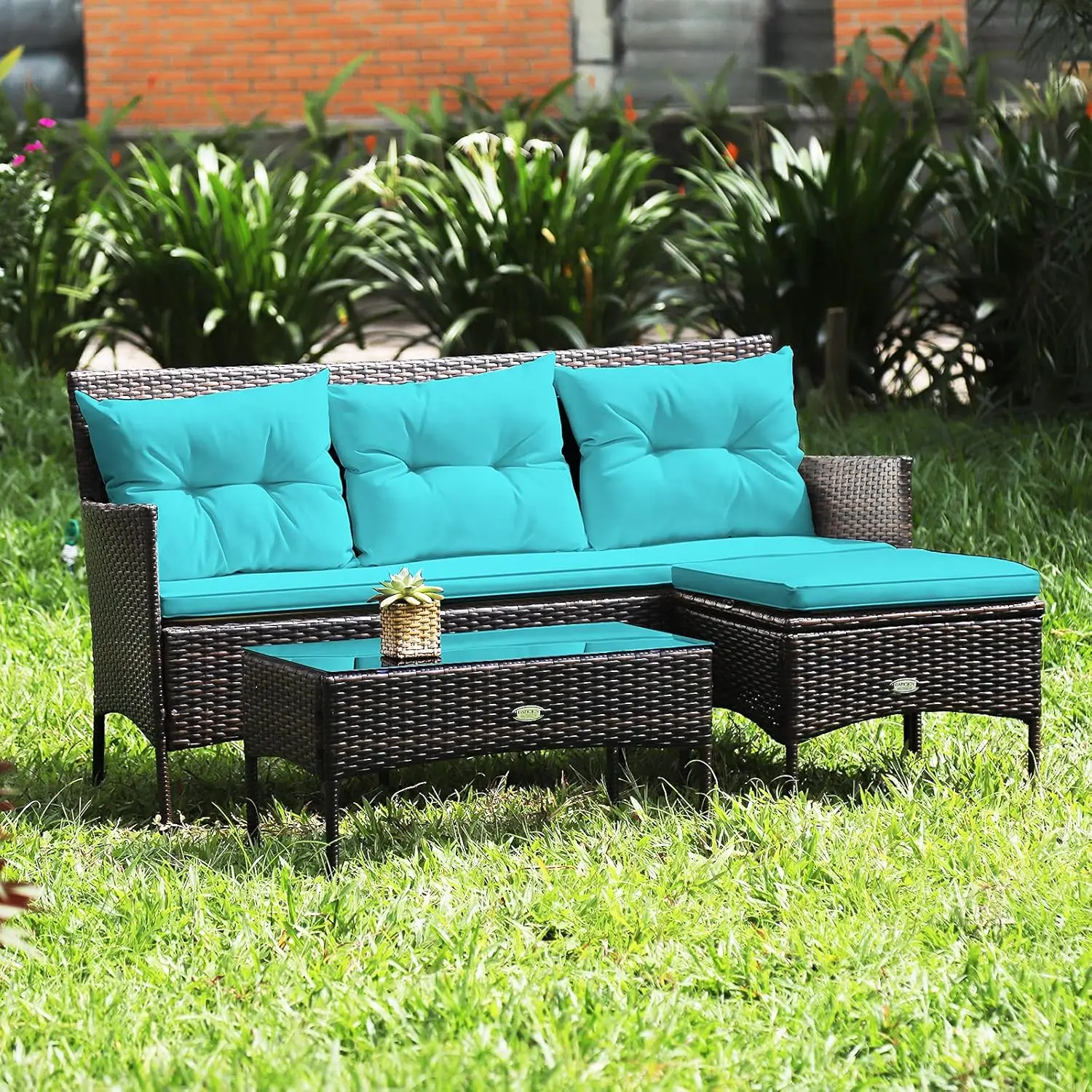 

3 Pieces Outdoor Rattan Conversation Set Patio Furniture Set with Tempered Table,5 Elastic Seat&Back Cushions,Sectional Sofa Set