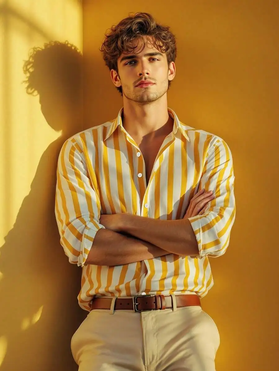 

Men's Casual Long Sleeve Button-Down Shirt with Yellow and White Stripes
