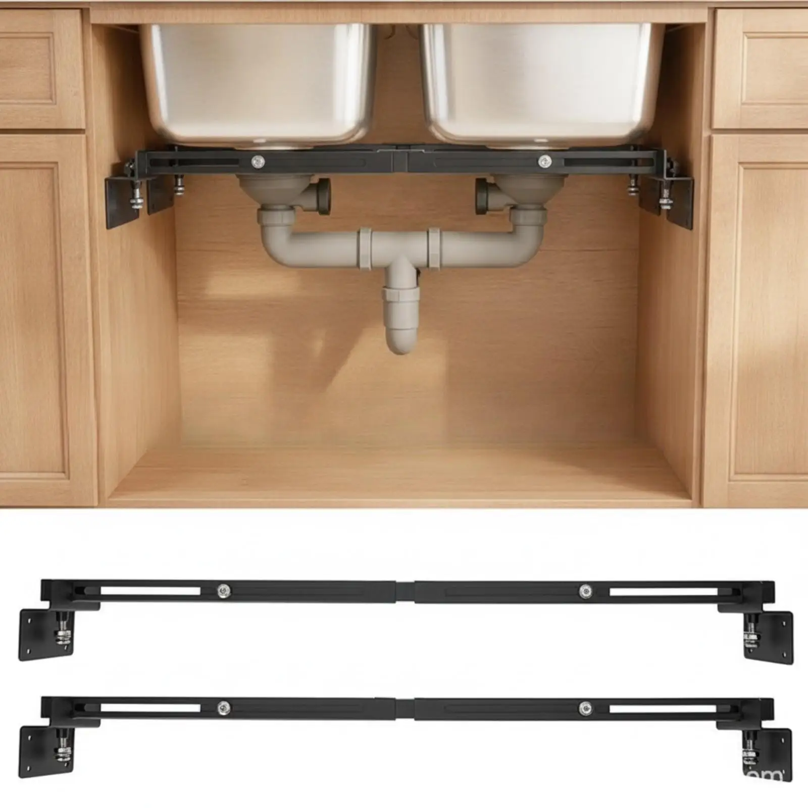 2 Pieces Sink Support Rod Easy Installation Adjustable Sink Support with Mounting Brackets for Cabinet Remodeling Projects