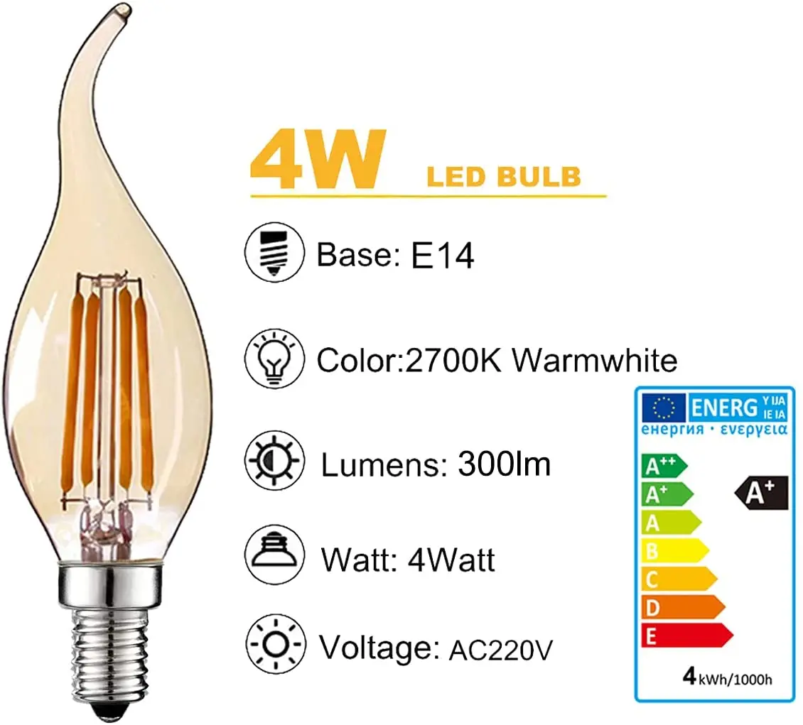 Imagem -06 - Vintage Edison Vela Led Lâmpada de Filamento Lâmpada de Substituição do Candelabro Branco Quente E12 E14 E14 30w 10 Pcs