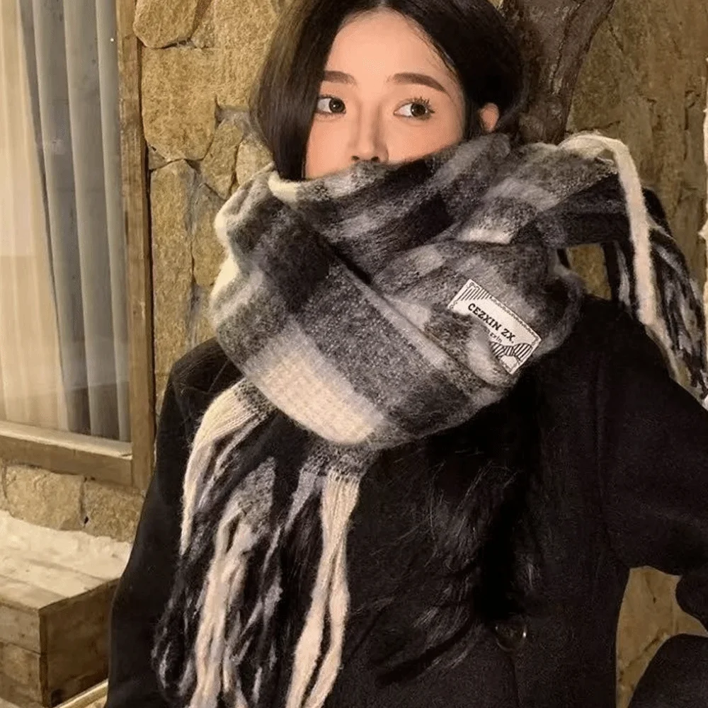 

Винтажные теплые клетчатые шарфы, мягкий утолщенный мохеровый зимний кашемировый шарф, длинная утолщенная шаль с кисточками, холодная погода