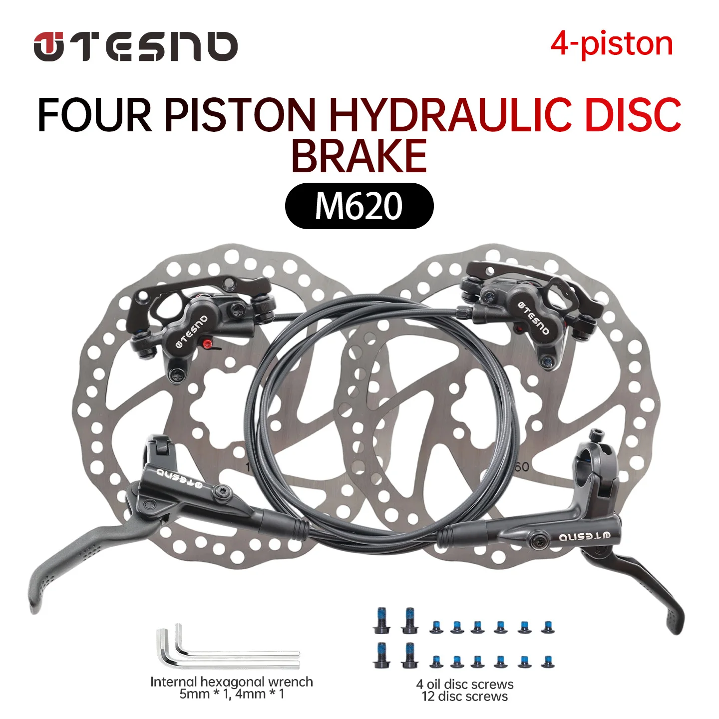 TESNO 4-Kolben Hydraulische Scheibenbremsen-Set MTB-Zubehör mit 800mm/1450mm Schlauchkit Links Vorne/Rechts Hinten Bremssättel