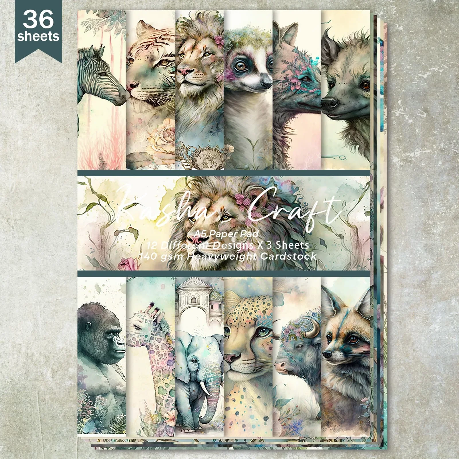 36 hojas A5 (serie de animales salvajes de colores), papel fino recortado para diario de balas, revista basura, fondo de tarjeta de felicitación