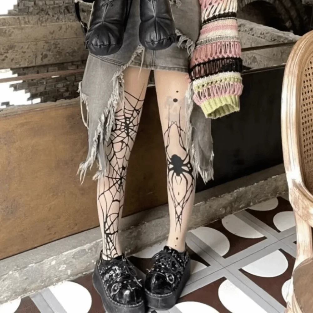 High Waist Halloween Pantyhose Elasticity Spider Web Bat Pattern Tights Witch Pantyhose Gothic Stockings Alternative Fashion