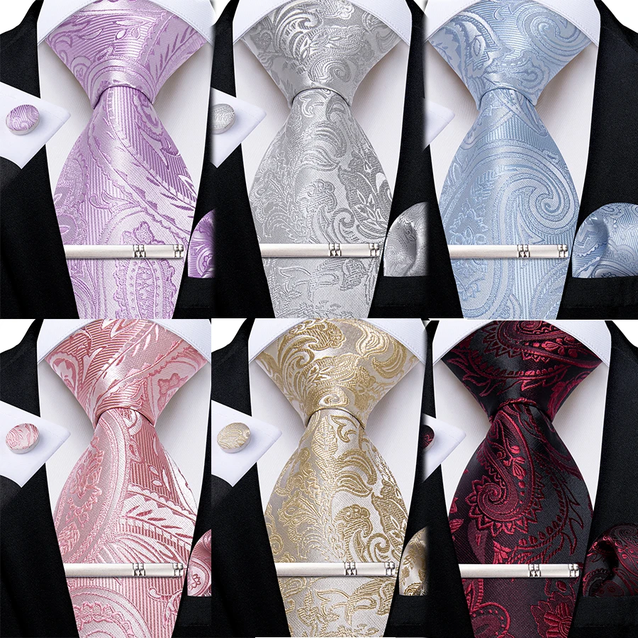 Paisley Blue Purple Red Beige Solid Men's Ties with Silver Clips Pocket Square Cufflinks Wedding Prom Groom Accessories Tie