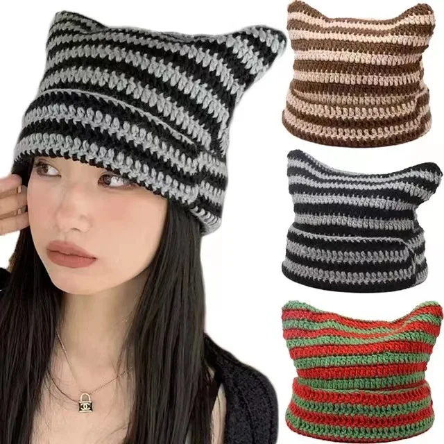 Gorro com orelhas de gato fofo para mulheres inverno listrado coreano punk gótico y2k lã malha streetwear artesanal crochê balde boné