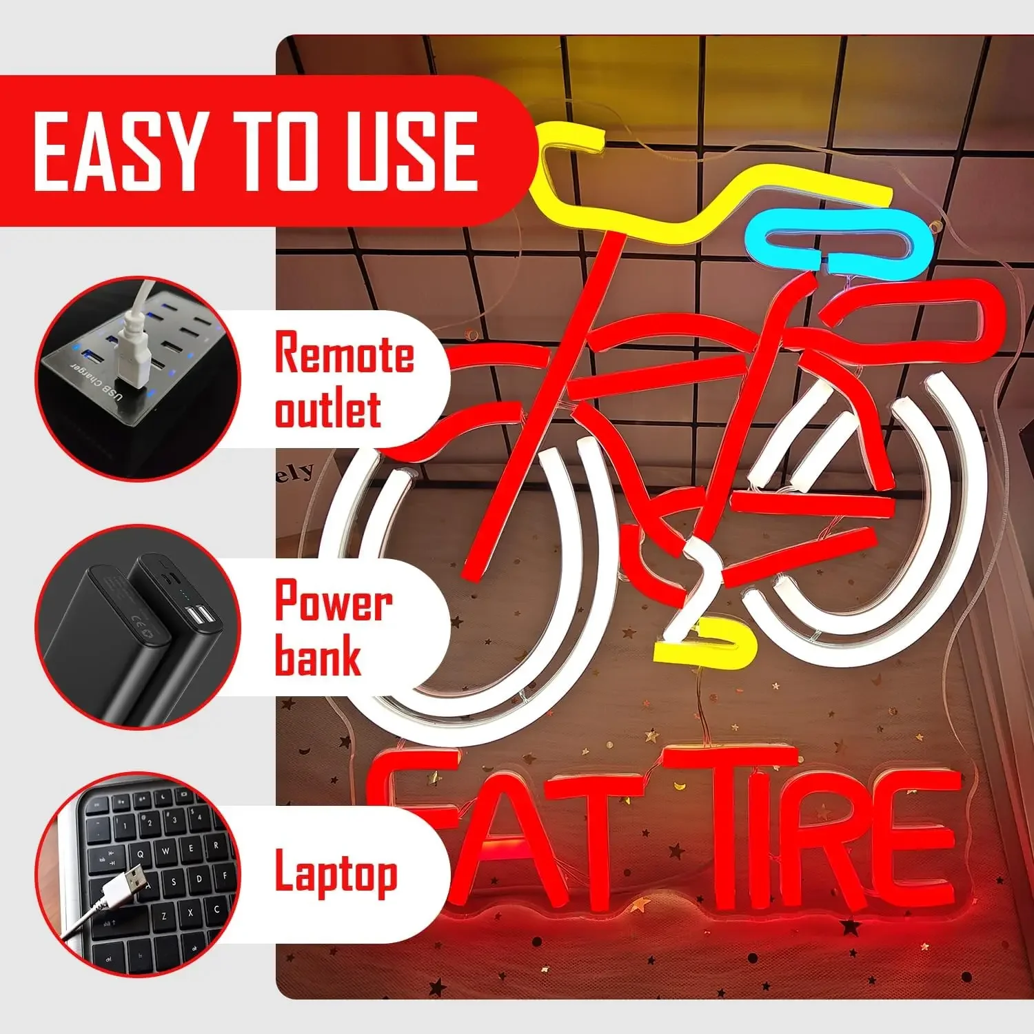 LED Fat Tires Neon Sign Beer Neon Light Sign for Wall Decor USB Powered for Man Cave Bar Pub Business Club Party Garage Gift