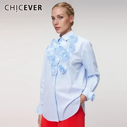 CHICEVER Patchwork Floral Shirts For Women Lapel Long Sleeve Single Breasted Loose Folds Casual Striped Spring Blouse Female New