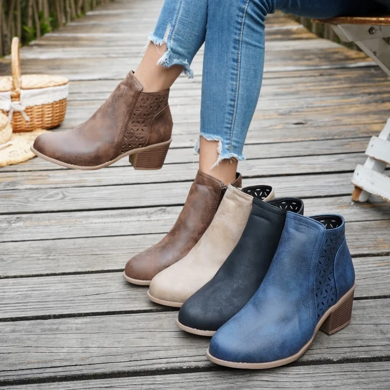 

Новинка 2025, женские ботильоны, удобная обувь, женские дышащие нескользящие ботинки с круглой головкой, модные женские одинарные ботинки на массивном каблуке