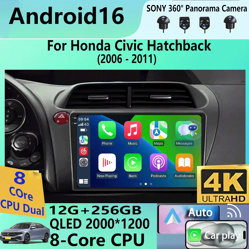 8Core Android 16 For Honda Civic Hatchback 2006-2011 Car Radio Multimedia Player Navigation 2 Din Stereo DVD Head Unit Speaker
