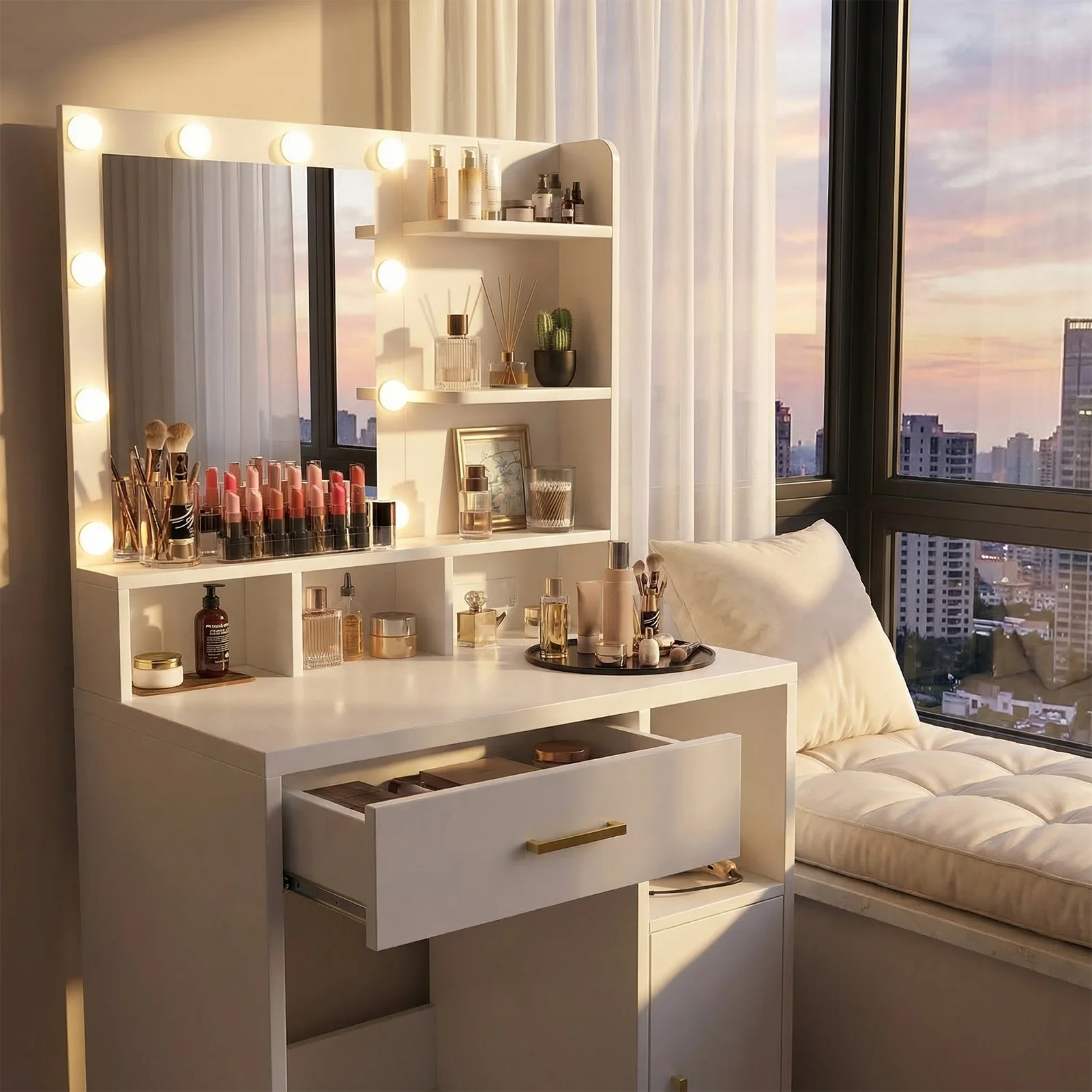 Vanity Desk w Mirror Makeup Desk w 10 Dimmable Bulbs Drawers Cabinet Shelves Stool 3 Color Adjustable Lighting for Dressing Room