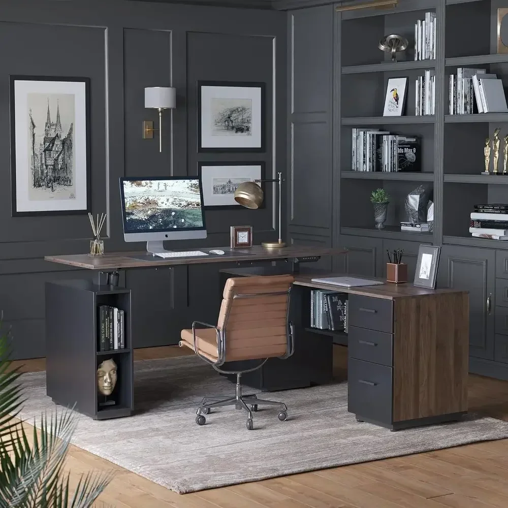 Executive Height 63 L-Shaped Adjustable Desk with Storage, Deep Wood Grain Finish