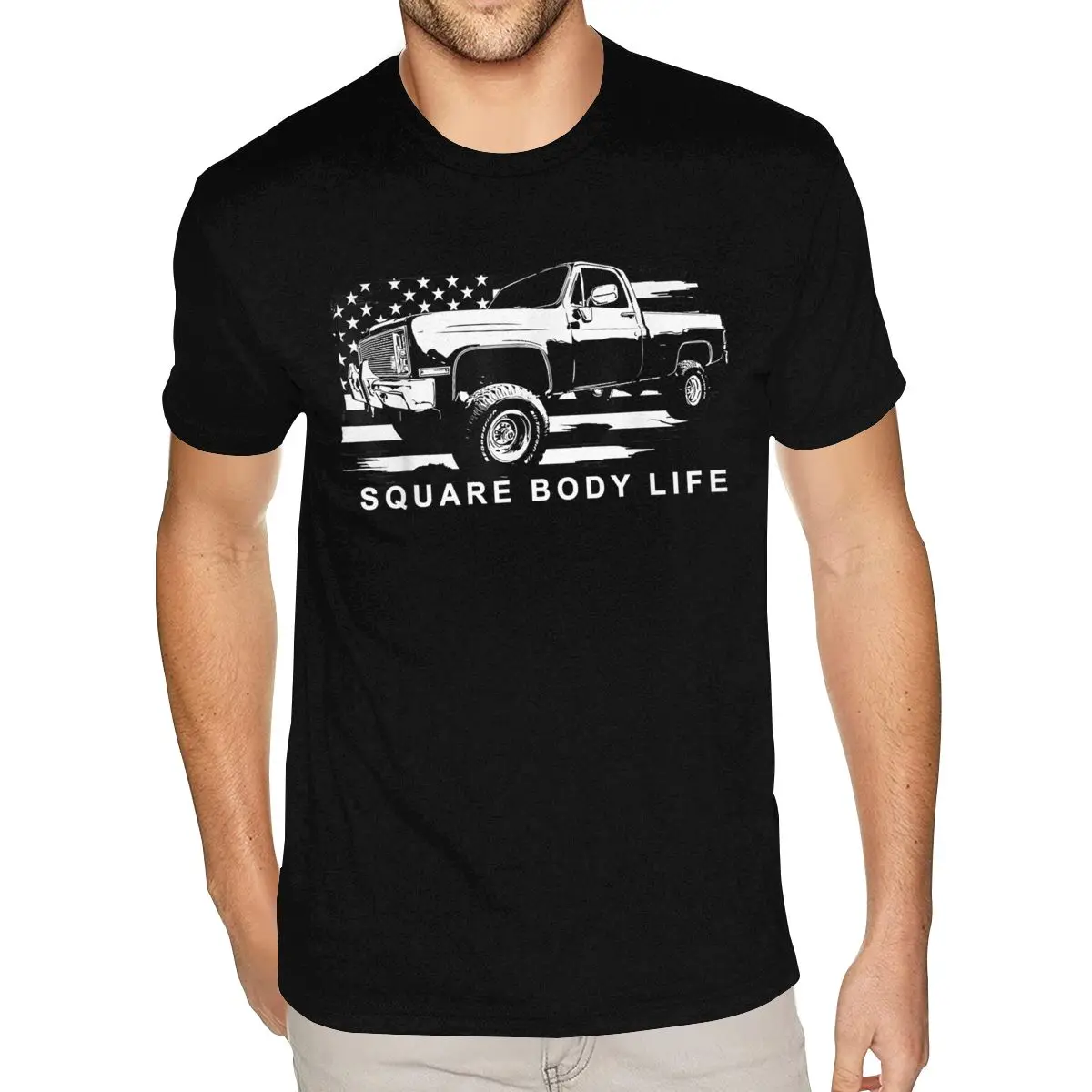 

Harajuku Squarebody American Flag Square Body Truck T-Shirts Men's Custom Printing Short Sleeve Pure Cotton Black O Neck T-Shirt