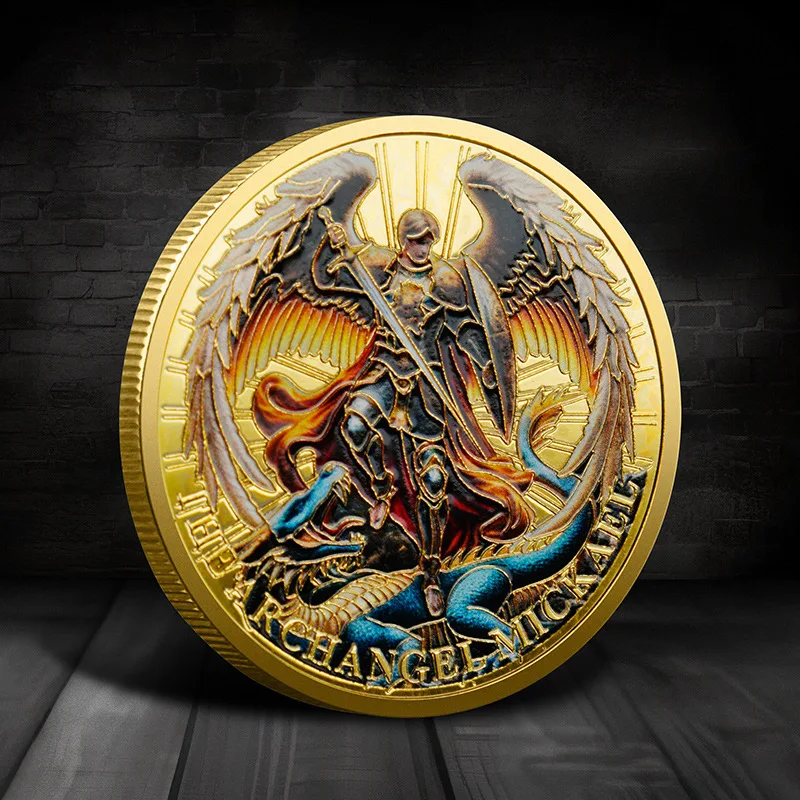 The Archangel Mickael Commemorative Lucky Coin Golden Plated Color Medallion Guardian Angel Collectible Coins