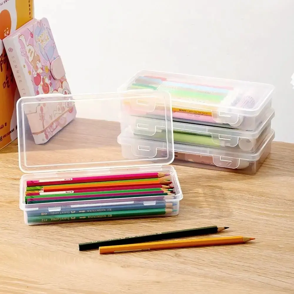 Multifunctional Buckled Pencil Case Transparent Stackable Desktop Storage Box Plastic Simple Stationery Box School Office