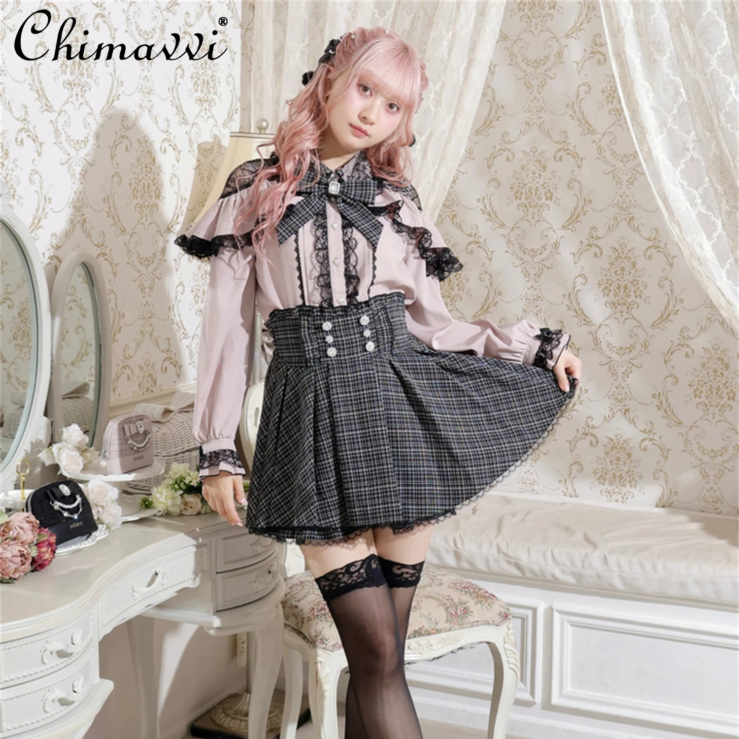 和菓子系可愛い地雷シリーズ量産型リボン付き長袖シャツ2025秋新作レース長袖ロリータブラウストップ