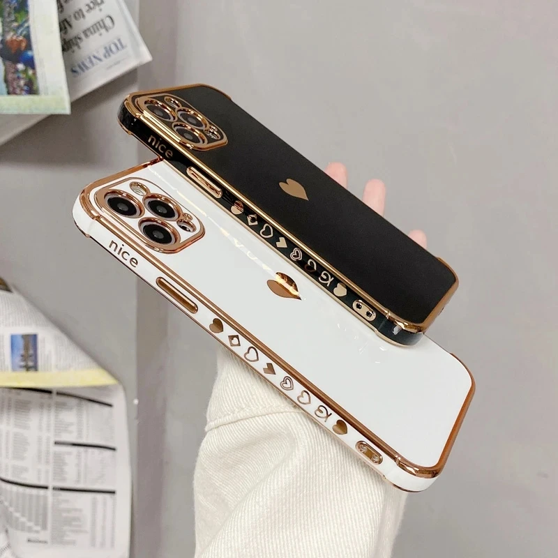 Чехол для телефона iPhone 14 с боковым рисунком для iPhone 11 12 13 Pro X XR XS Max 7 8 Plus, роскошный мягкий чехол из ТПУ с гальваническим покрытием и сердечками