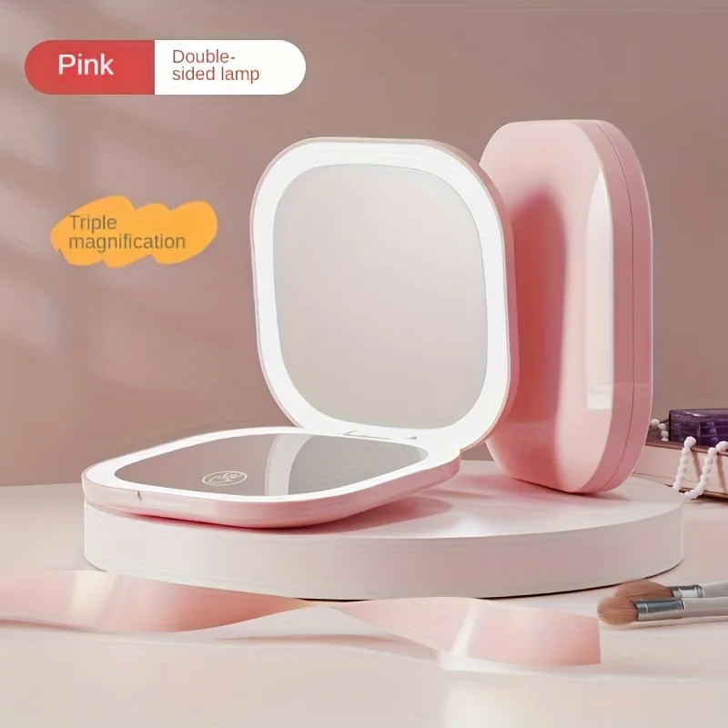 led3 times 5 times makeup mirror double-sided with light three-color luminous USB charging portable folding handheld gift