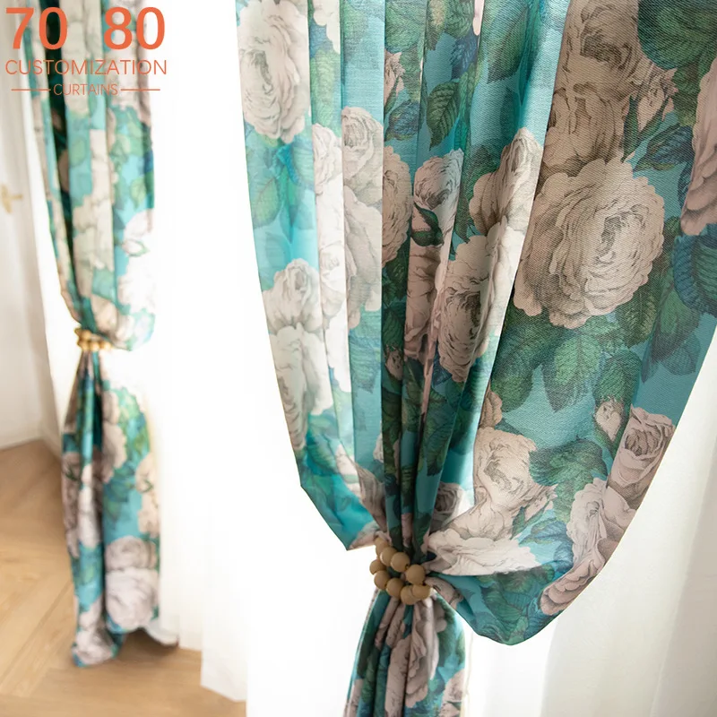 Vintage Green White Rose Printed Cotton Linen Curtains for Living Room French Window Customized Finished Partition Curtain