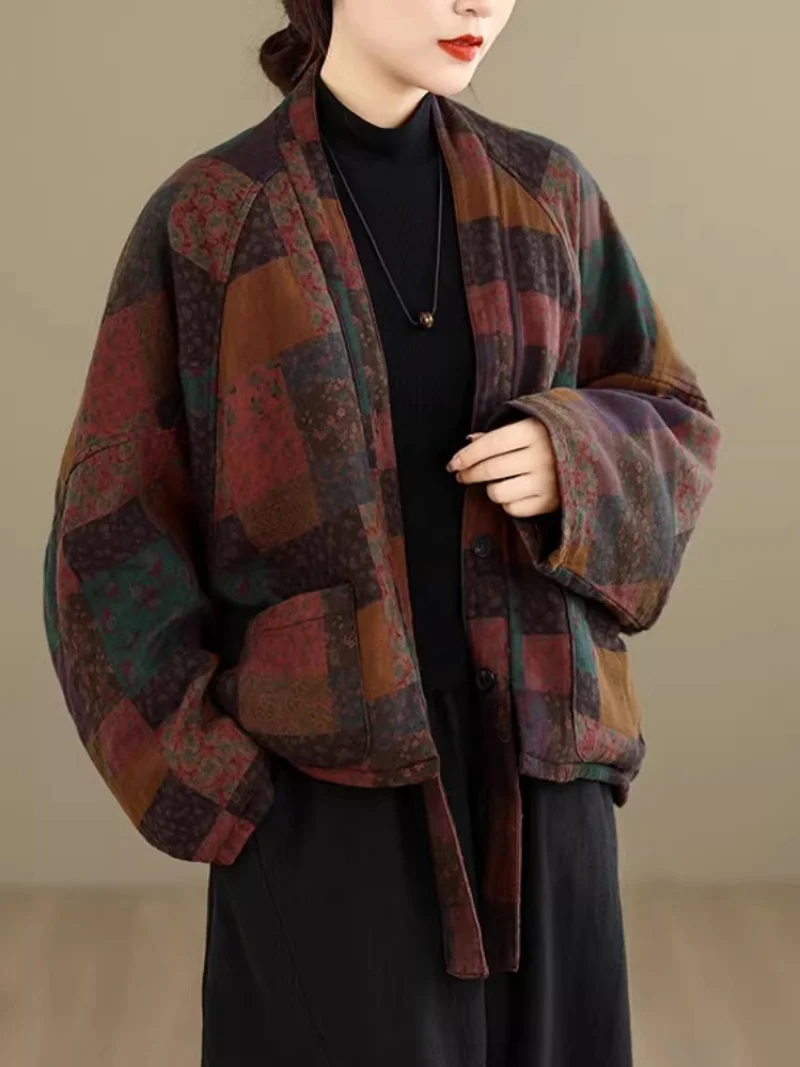 Printed Retro Quilted Coat for Women - Chinese Style Patchwork Cotton Jacket, Cross Collar Thick Warm Winter Spring Coat w2173