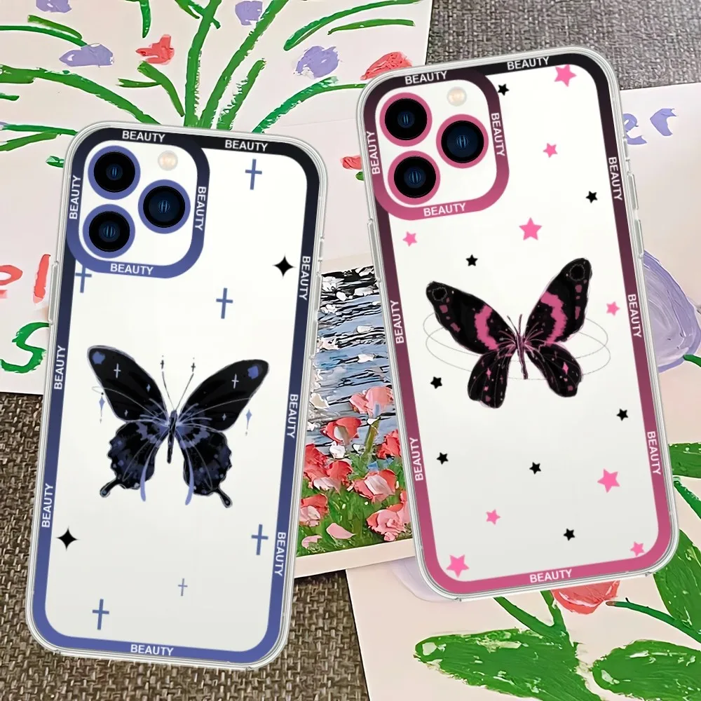 Beauty Beautiful Butterfly Black Phone Case For iPhone 13 14 15 Mini 11 12 Pro Max Transparent Shell