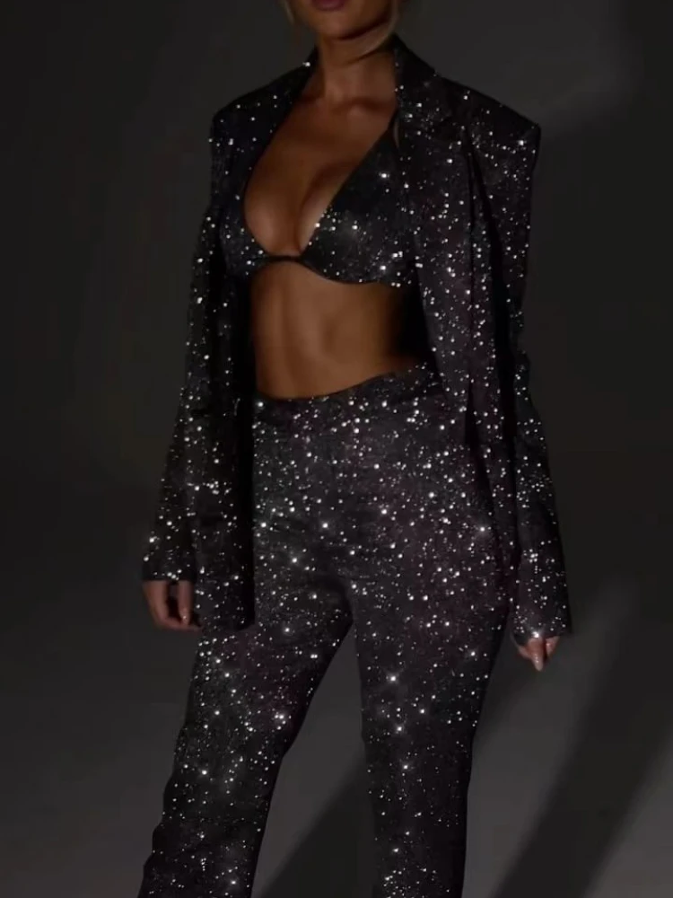 

Mikydely-Sequin Long-Sleeved Shirt and Straight Pants, Casual Suit, Monochromatic, Fashion Underwear, Three-Piece