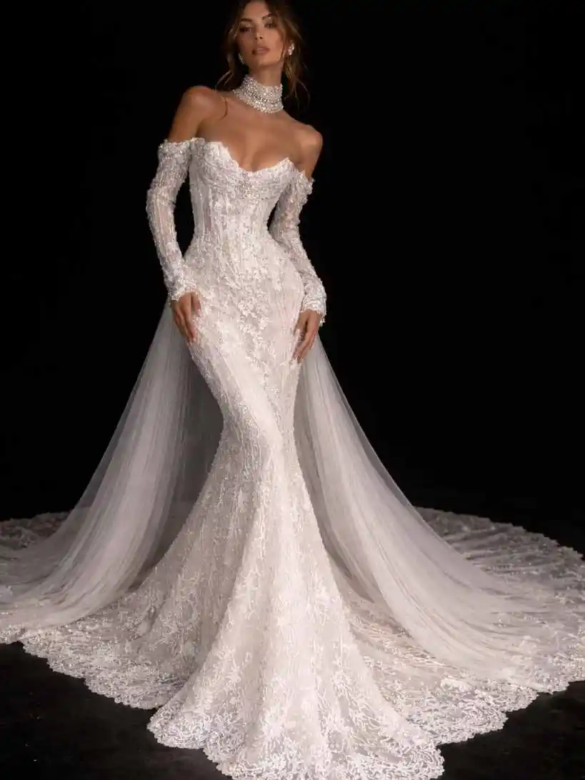 Vintage Mermaid Wedding Dress Off Shoulder Long Sleeve Appliques Beading Bridal Gown Sweep Train Customized Vestido De Novia
