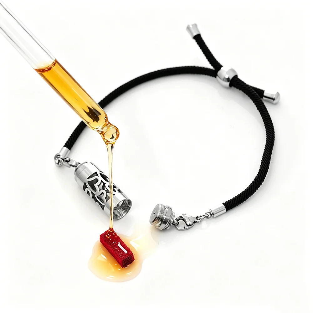 Stainless Steel Aromatherapy Anklet Locket Titanium Steel Adjustable Black Braided Rope Aroma Perfume Essential Oil Diffuser