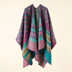 2024 Autumn Winter New Geometric Stripe Pattern Imitation Cashmere Warm Casual Women  Shawl  Poncho Capes Lady Coat Purple