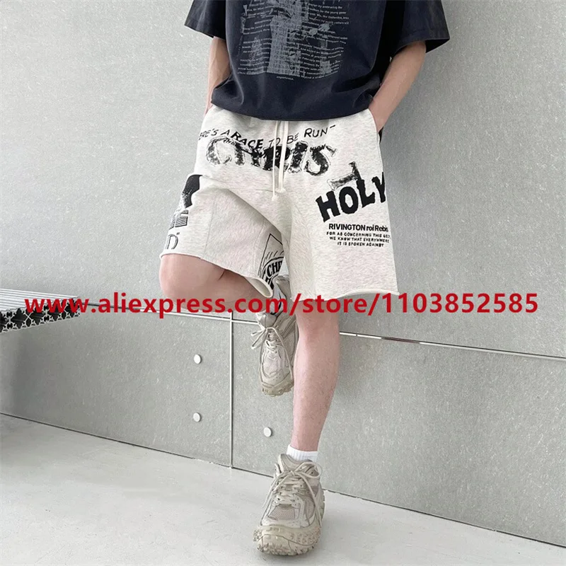 

2024 American Heavyweight Vintage Men's Shorts With Letter Print Drawstring Loose Casual High Street High Quality